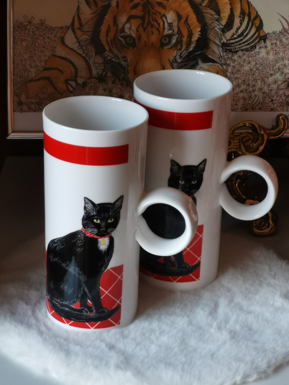 Pair Of White Ceramic Tuxeto Cat Mugs with Red Accents